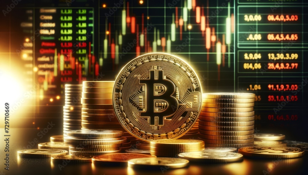 Poster glowing gold bitcoin coins stand in the middle of a pile of coins with a blurred background graph sh