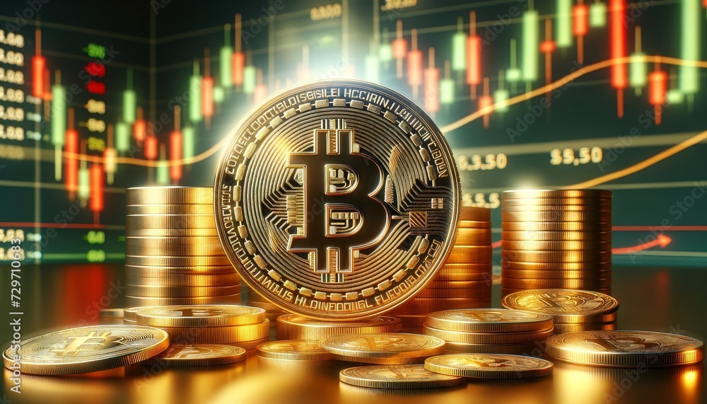 Poster glowing gold bitcoin coins stand in the middle of a pile of coins with a blurred background graph sh