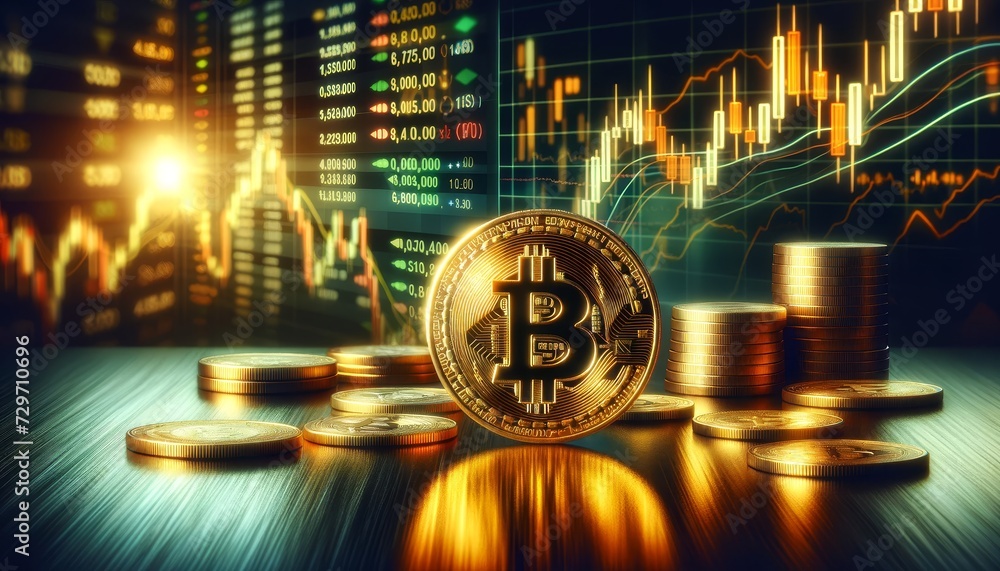 Poster glowing gold bitcoin coins stand in the middle of a pile of coins with a blurred background graph sh