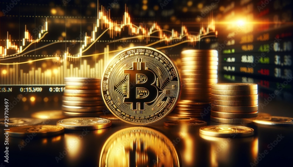 Poster glowing gold bitcoin coins stand in the middle of a pile of coins with a blurred background graph sh