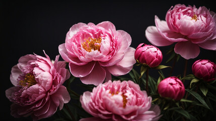  Three Pink Peony Flowers Blossoming Against a Black Background
