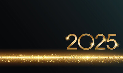 2025 Glittering New Year Card, Festive Sparkling Gold Background, Horizontal banner