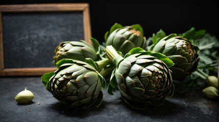 Fototapeta premium Three Ripe Artichokes Presented on a Black Chalkboard - Top View