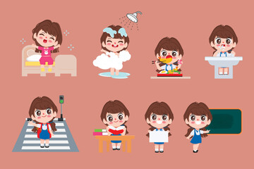 Cute cartoon chibi girl student character. Cartoon Kid in daily routine activity pose.
