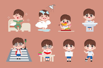 Cute cartoon chibi boy student character. Cartoon Kid in daily routine activity pose.	
