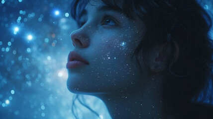 stars reflecting on woman's face as she gazes up at them