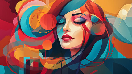 Beautiful woman face with abstract colorful background. Vector fashion illustration.