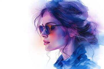 Digital art portrait of a young woman, adorned with vibrant watercolor effects, showcasing a fashion modern artistic style.