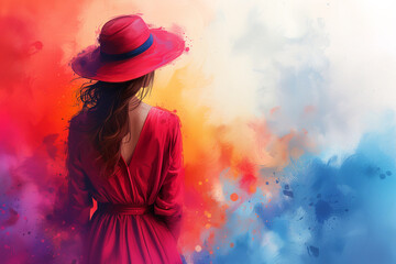 Digital art portrait of a young woman, adorned with vibrant watercolor effects, showcasing a fashion modern artistic style.