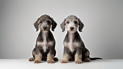 Fototapeta premium Dos cachorros Bedlington Terrier, sentados, mirando al frente, sobre fondo blanco