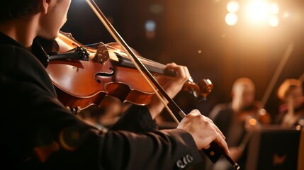 A classical musician, elegantly dressed, playing the violin at an indoor concert venue, audience in soft focus background - obrazy, fototapety, plakaty