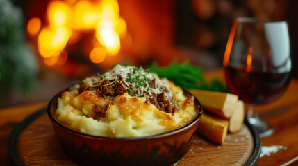 Clic cottage pie takes on a cozy twist with the rich flavors of slowcooked beef and vegetables topped with a heaping of creamy mashed potatoes and baked in a toasty fireplace.