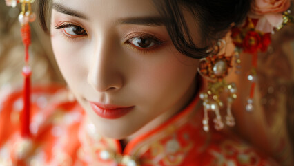A close-up portrait of a bride in traditional Chinese wedding attire, featuring intricate makeup and elegant accessories.