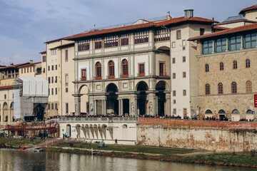 Florence, Italy - 29 December, 2023: The Uffizi Gallery, a prominent art museum located adjacent to...