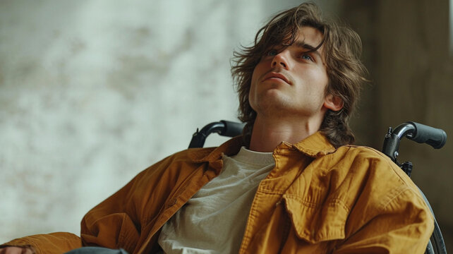 handsome young handicapped man sitting in a wheelchair gazing up at the ceiling