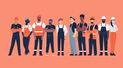 An image of a group of workers wearing uniforms with the company logo representing the positive impact of reshoring on job creation and economic growth for that specific brand. - obrazy, fototapety, plakaty