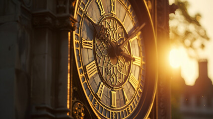 A timeless clocktower its face illuminated by the setting sun.
