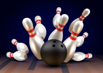 Realistic bawling ball with pins.3d bawling pins.Realistic bowling theme eps 10