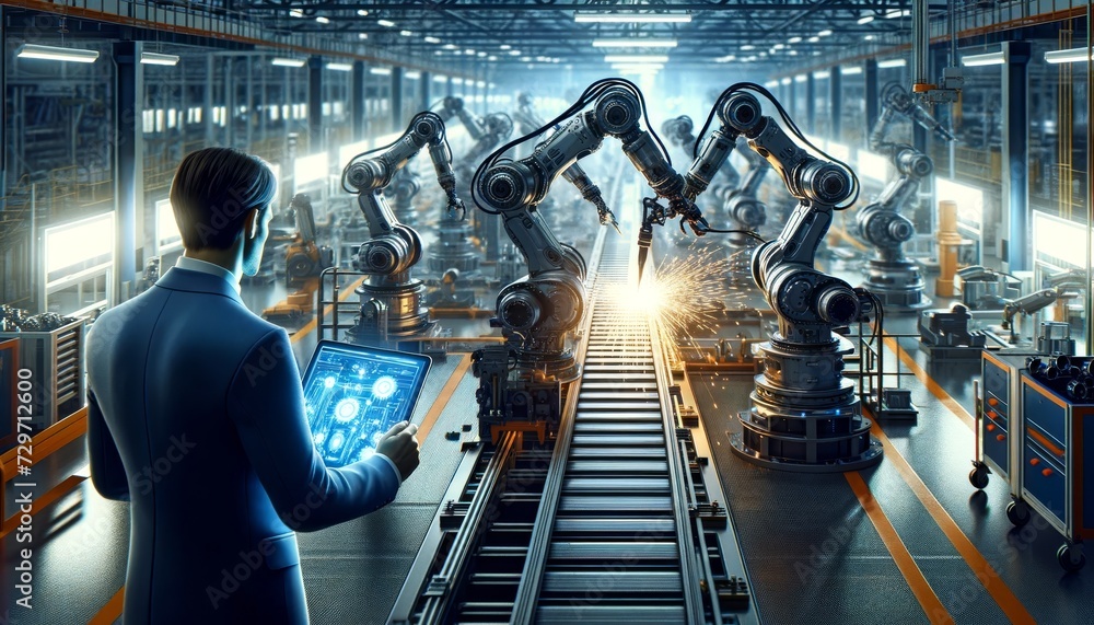 Aufkleber a futuristic concept where robots replace humans working in the automotive industry