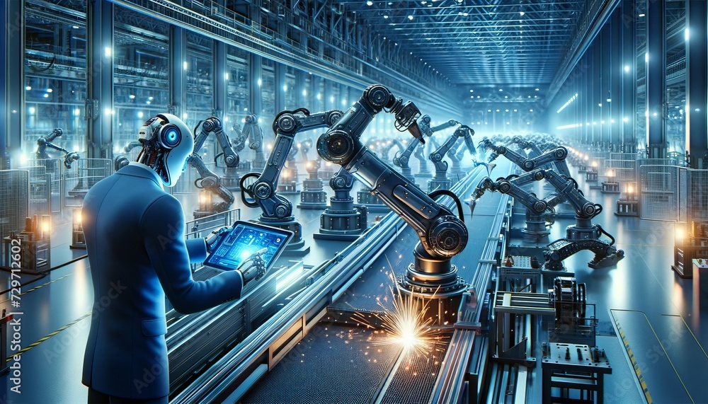 Aufkleber a futuristic concept where robots replace humans working in the automotive industry