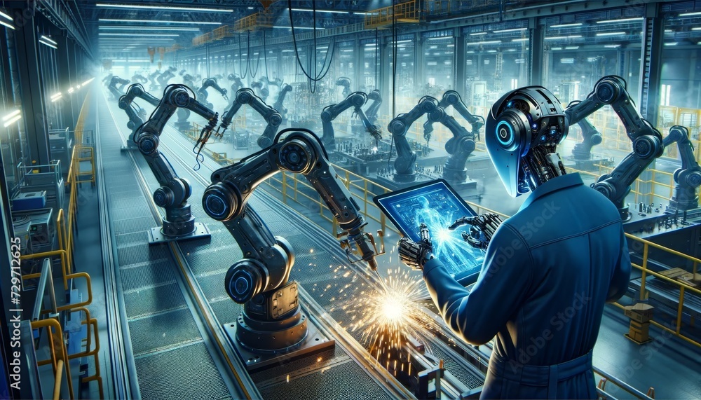 Aufkleber a futuristic concept where robots replace humans working in the automotive industry