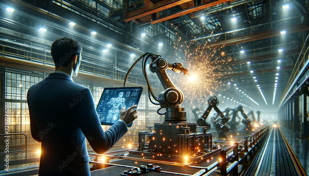 Aufkleber a futuristic concept where robots replace humans working in the automotive industry