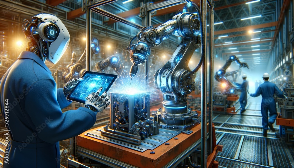 Aufkleber a futuristic concept where robots replace humans working in the automotive industry