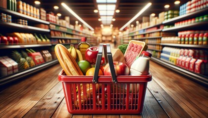 a red shopping basket filled with various groceries such as bread, fruits, a bottle of oil, milk, and packaged meat