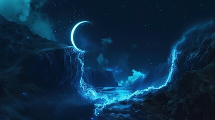 Fantasy night landscape with a crescent moon, a large fault in the earth, a ravine, blue neon