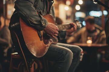 Fototapeta premium A folk singer sitting on a stool, acoustic guitar in lap, in a cozy cafÃ© setting, intimate audience in the background