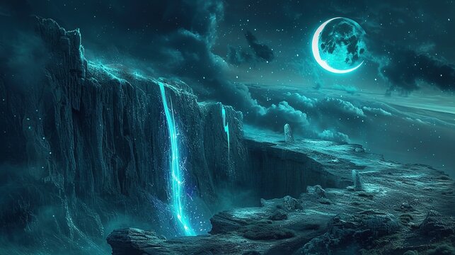 Fantasy night landscape with a crescent moon, a large fault in the earth, a ravine, blue neon