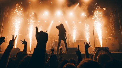 A rock band performing on an outdoor stage at dusk, lead singer front and center, dramatic stage lights and pyrotechnics,  - obrazy, fototapety, plakaty