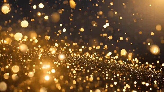 gold particles abstract background with shining golden floor particle stars dust. Futuristic glittering fly movement flickering loop in space on black background