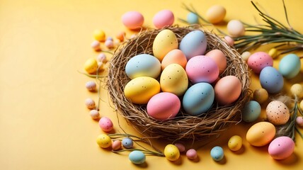Fototapeta na wymiar Top view photo of Colorful Easter eggs in the nest and bunch small eggs around isolated on yellow background