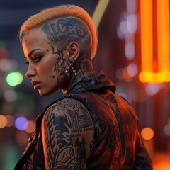 Tattooed woman with a mohawk haircut, neon streets in background