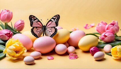 Fototapeta na wymiar Top view photo of wonderful pink butterfly Easter eggs and tulips isolated on yellow background