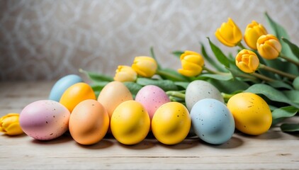 Top view photo of laying flat pastel Easter eggs and yellow tulips on a light wooden background