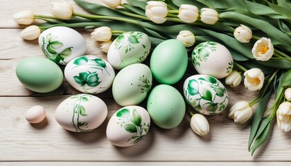 Fototapeta na wymiar Top view photo of lovely mint decor hand painted Easter eggs and white tulips on a light wooden background