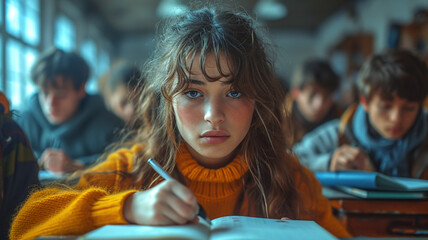 young female student taking notes in class looking tired