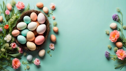 Top view photo of Spring flowers around nest with pastel Easter eggs at left side on a light green background