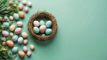 Top view photo of hay wreath and pastel Easter eggs inside with spring flowers on light green background