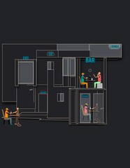 illustration of people at an urban hotel apartment drinking and eating