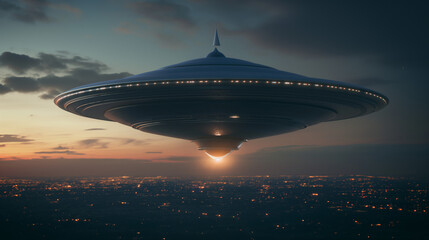 Fototapeta na wymiar ufo over the city - Gray Alien Spacecraft in Earth's Orbit