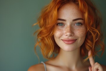 Smiling young woman with short curly red hair and cute freckles over isolated green background pointing finger to the side - obrazy, fototapety, plakaty