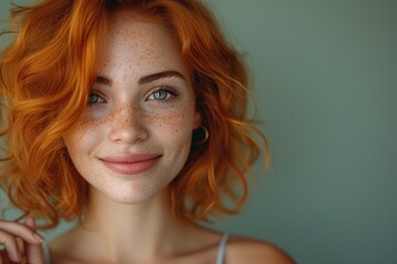 Smiling young woman with short curly red hair and cute freckles over isolated green background pointing finger to the side - obrazy, fototapety, plakaty