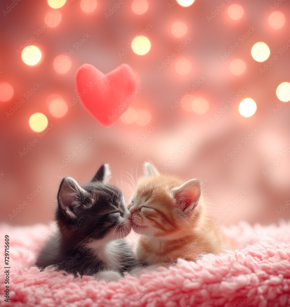 Wall mural Cute cuddly kittens kiss In a fluffy pink blanket with red heart. Adorable and cuddle tiny baby cats. Tender love concept for valentines day cards. Lovable poster with kitty. Valentine romance idea - Wall murals