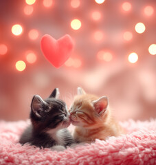 Cute cuddly kittens kiss In a fluffy pink blanket with red heart. Adorable and cuddle tiny baby cats. Tender love concept for valentines day cards. Lovable poster with kitty. Valentine romance idea