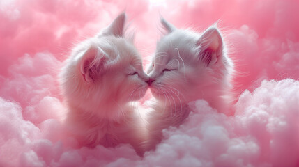 Cute cuddly kittens kiss In a fluffy pink cloud. Adorable and cuddle tiny baby cats. Tender love concept for valentines day cards. Lovable poster with kitty. Valentine romance idea, copy space