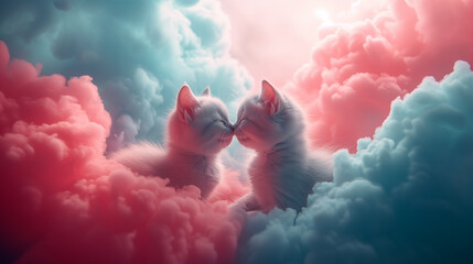 Cute cuddly kittens kiss In a fluffy pink azure cloud. Adorable and cuddle tiny baby cats. Tender love concept for valentines day cards. Lovable poster with kitty. Valentine romance idea, copy space - obrazy, fototapety, plakaty