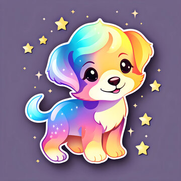 cute cartoon sticker art design of a sunrise/sunset iridescent rainbow dog puppy with floppy ears surrounded by sparkles and stars